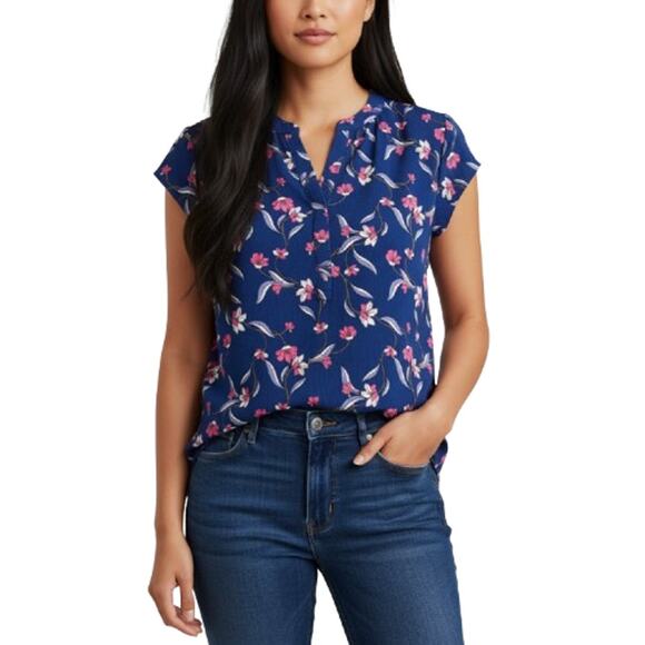 41 Hawthorn Split Neck Blouse Navy Blue Floral Short Sleeve Women’s XS NWT - Picture 1 of 7